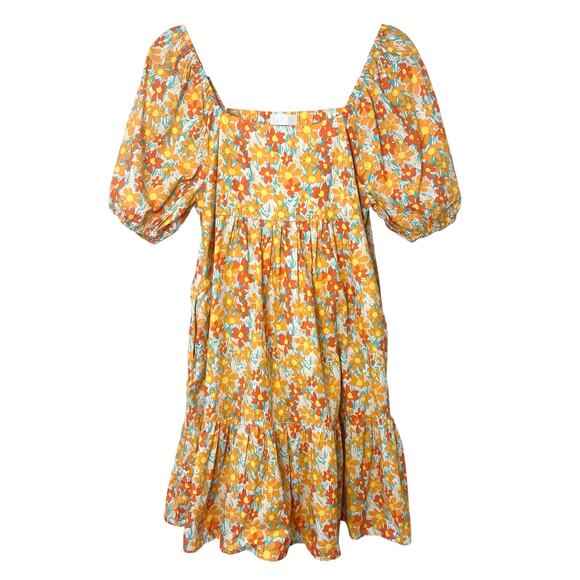 Q2 Floral Puff Sleeve Square Neck Babydoll Mini Dress Sz M - Picture 1 of 8